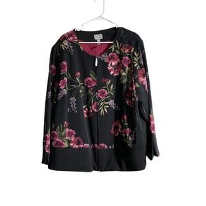 SUSAN GRAVER Jacket 28W Black Pink Floral Full Zip Career Mature Feminine Chic